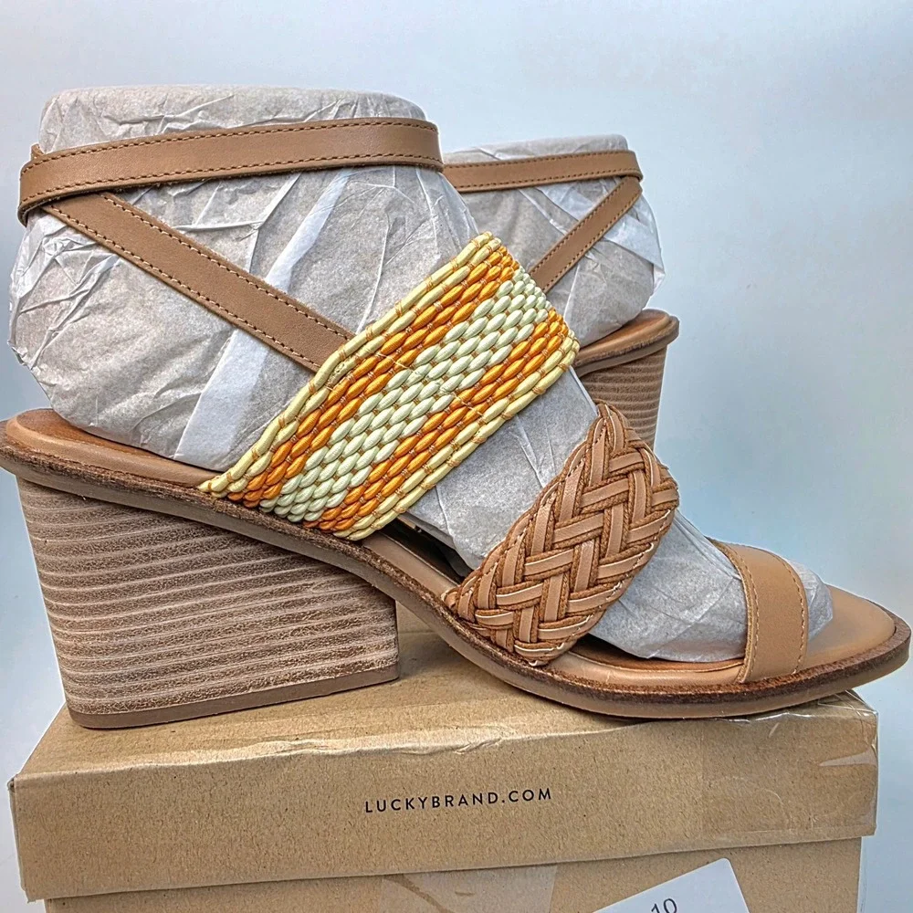 Lucky Brand‎ Women's Lissie Wedge Sandals Tan Sunflower Multi Braided Straps 11M